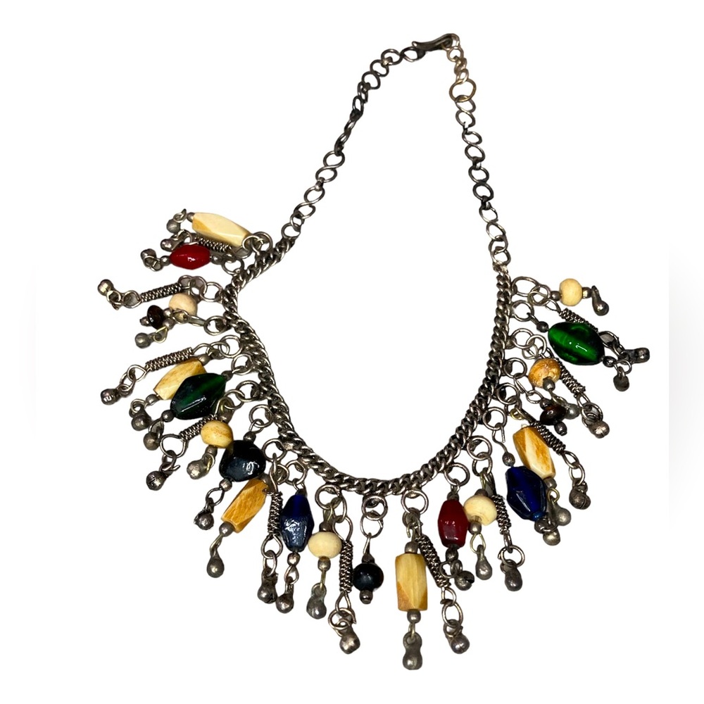 Multicolored Boho Dangle Beads Chain Necklace Silver Tone Hook Clasp Retro Chic